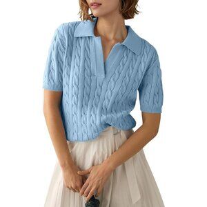 Womens Blue Short Sleeve Sweater Top Cable Knit Casual Summer V Neck Polo Shirts